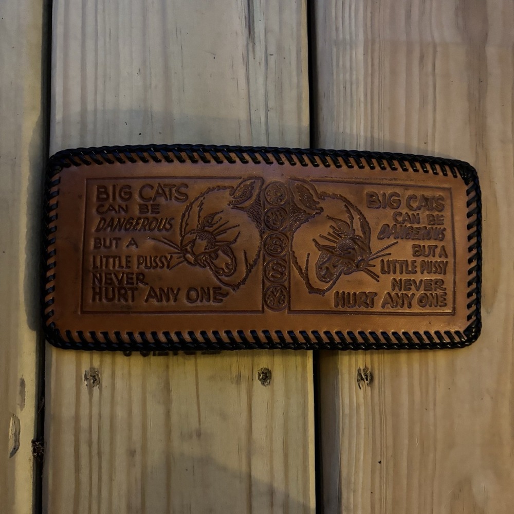 Handmade Leather Wallet Big Cats Can Be Dangerous Whipstitch Bi Fold USA Made